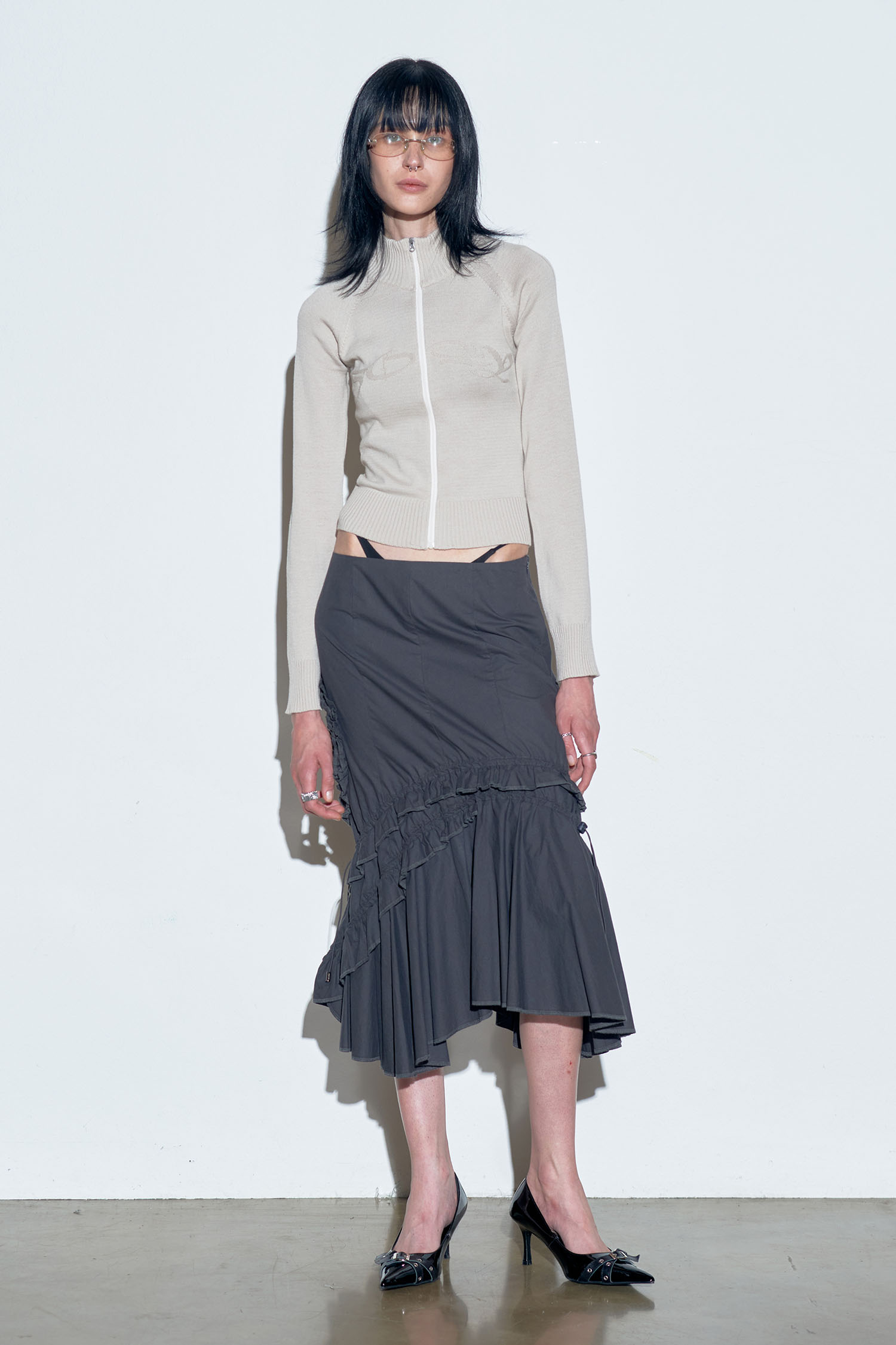 Cotton Flower Frill Midi Skirt Charcoal