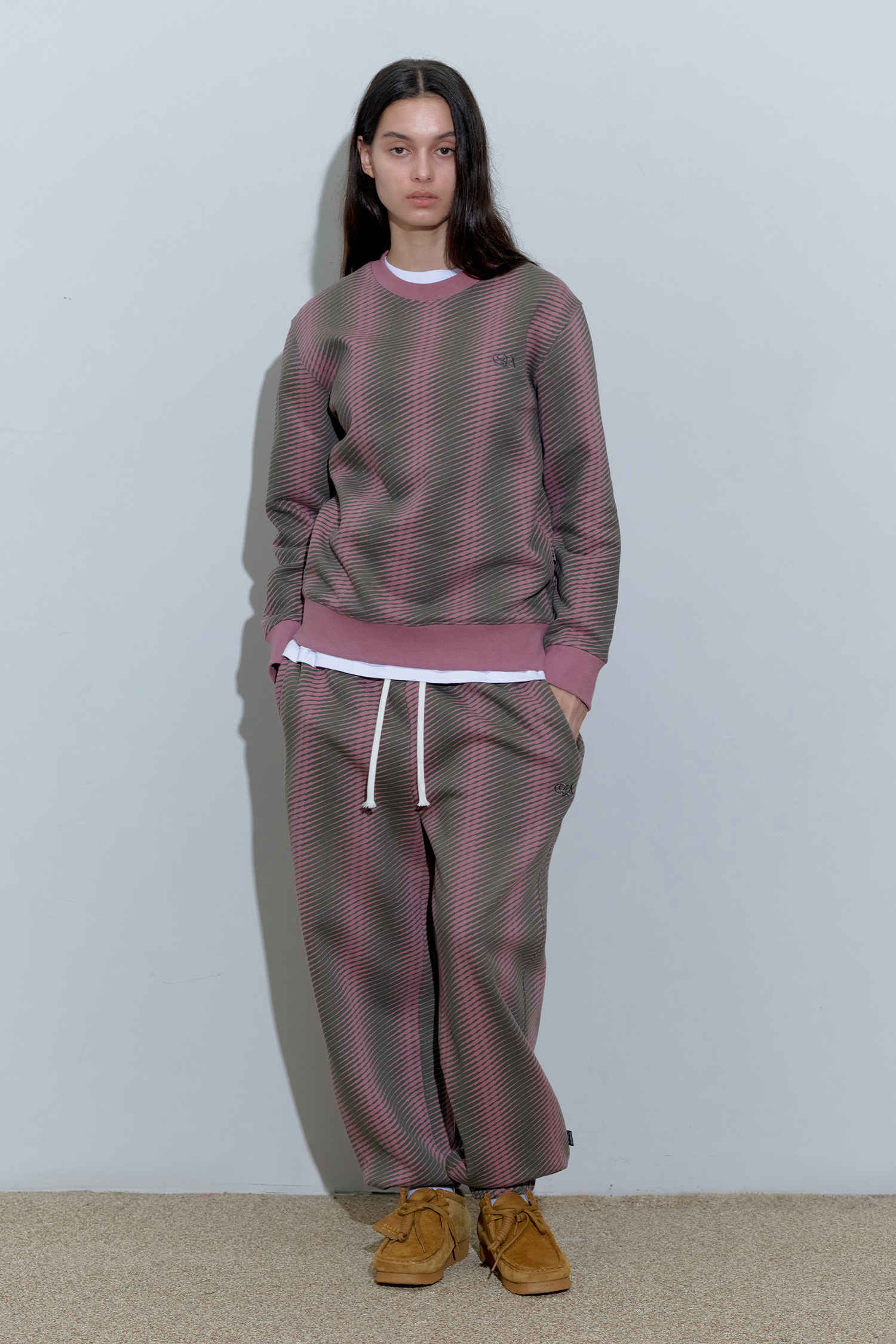 Irregular Stripe Jogger Pants Berry/Khaki