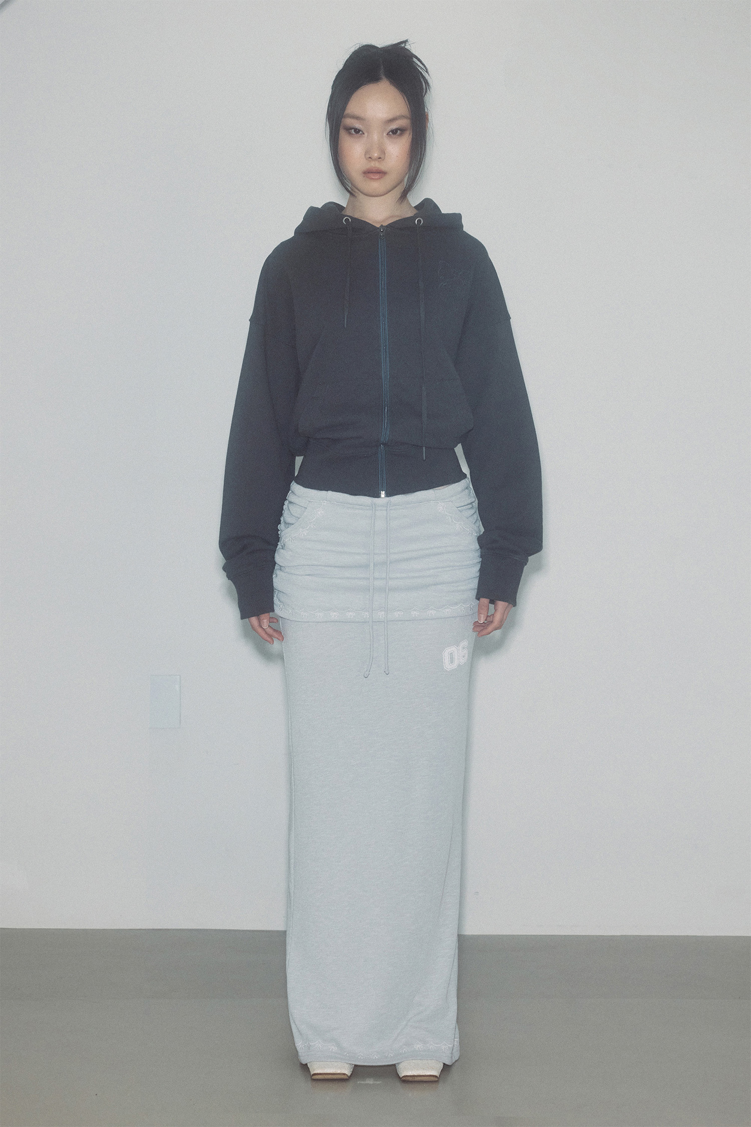 Shirring Layered Maxi Skirt Gray