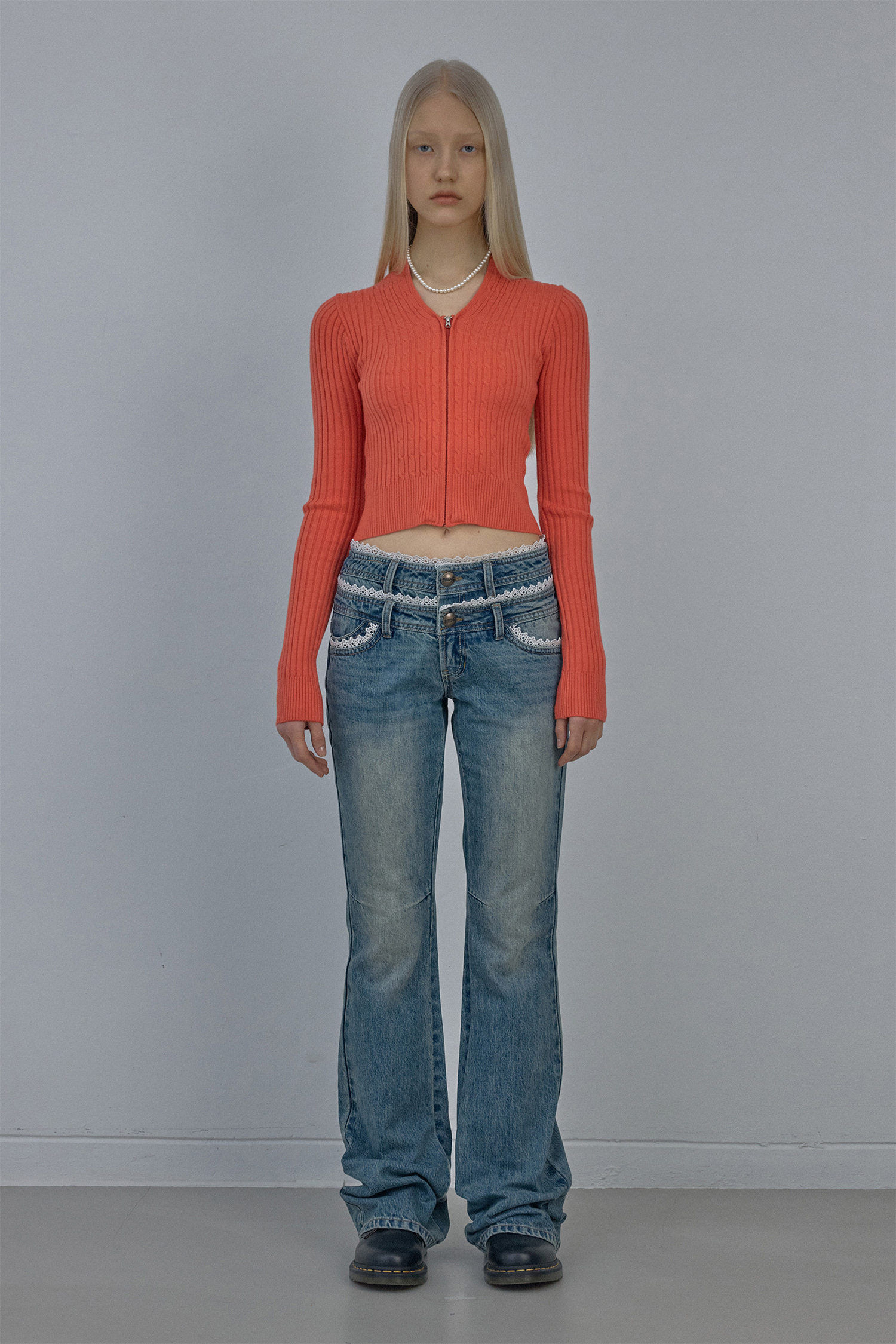 Cable Collar Knit Zip-Up Coral
