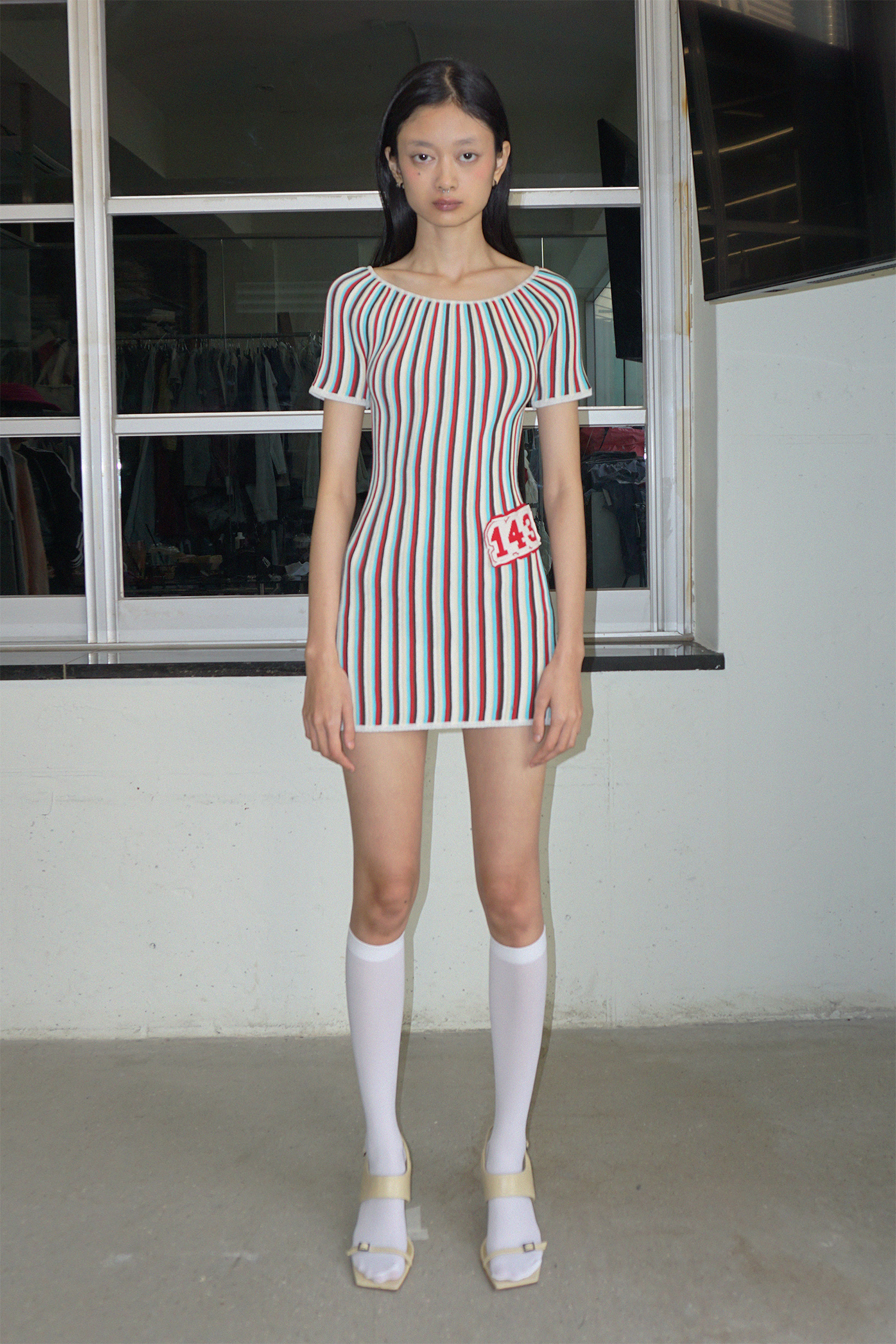Pleated Knit Mini Dress Multi Stripe